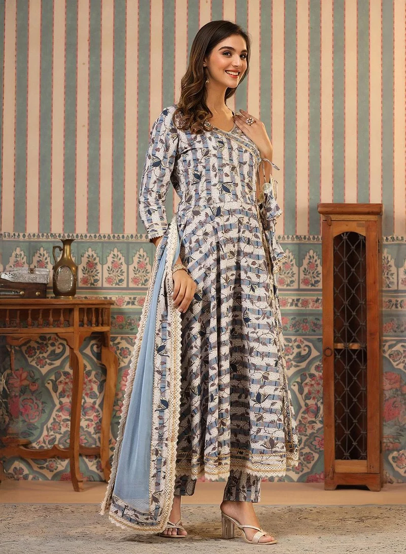 آي شين Women's Grey 100% Cotton Embellished Regular Fit Kurta Set