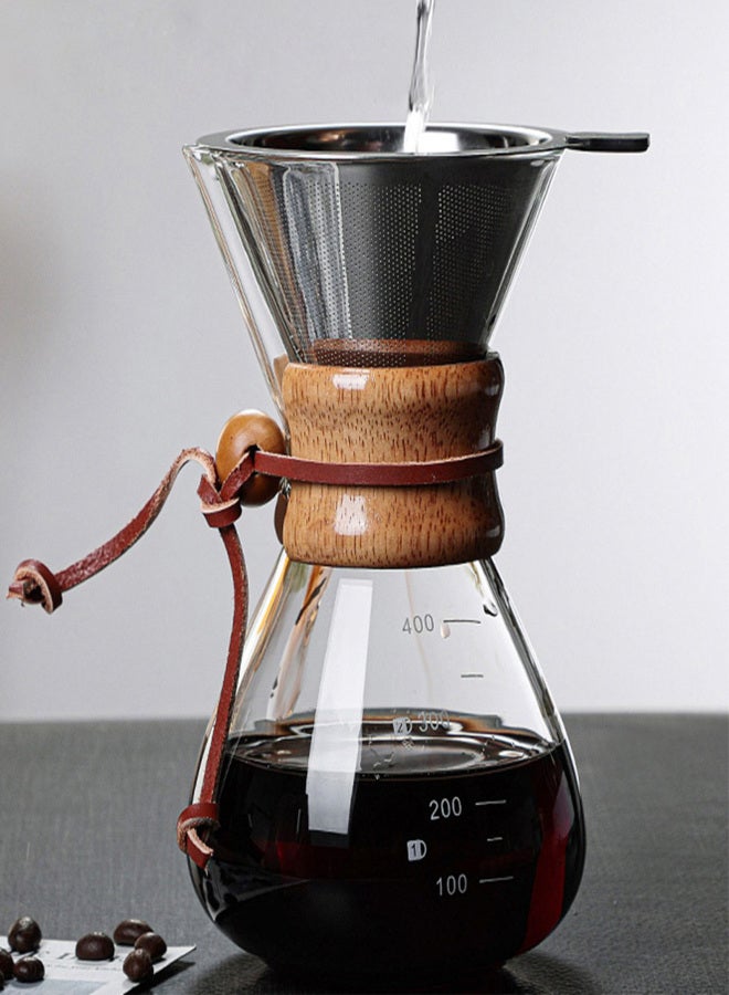 Pour Over Coffee Maker 400ml Double Layer Filter V Spout Wooden Sleeve Coffee Brewer for Home Cafe Party - Image 1