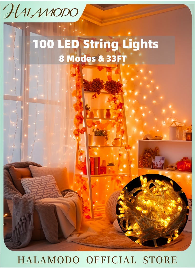 HALAMODO 100 LED String Lights with 8 Modes 33ft Waterproof Plug in Twinkle Lights Yellow String Light Clear Wire Indoor Outdoor Decor for Holiday & Wedding & Party & Birthday  - Image 1