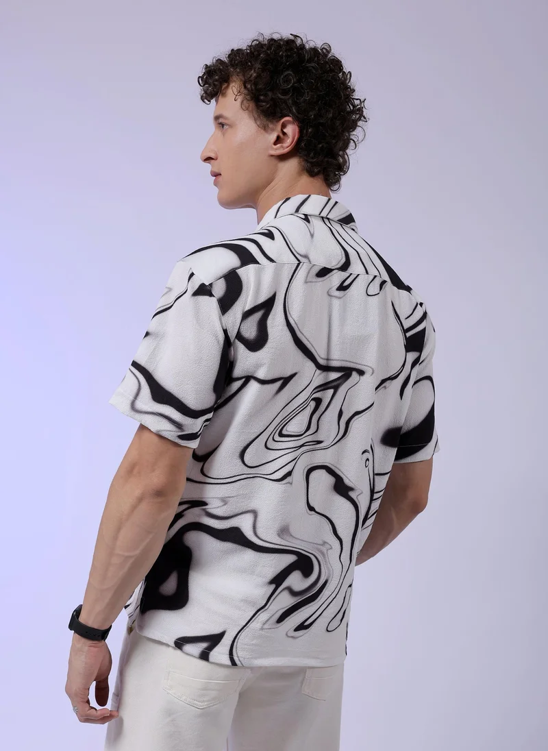 The Indian Garage Co Men Relaxed Fit Abstract Printed Half Sleeves Cuban Collar Resort Wear Shirt