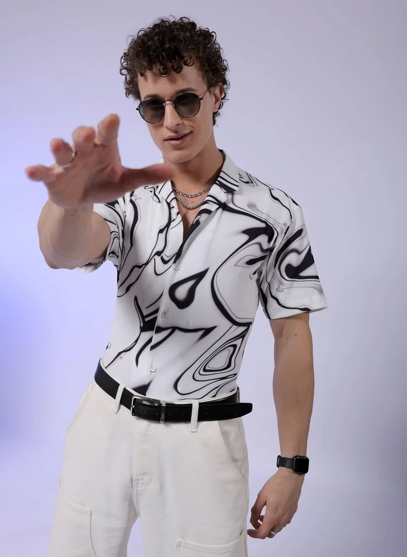 The Indian Garage Co Men Relaxed Fit Abstract Printed Half Sleeves Cuban Collar Resort Wear Shirt