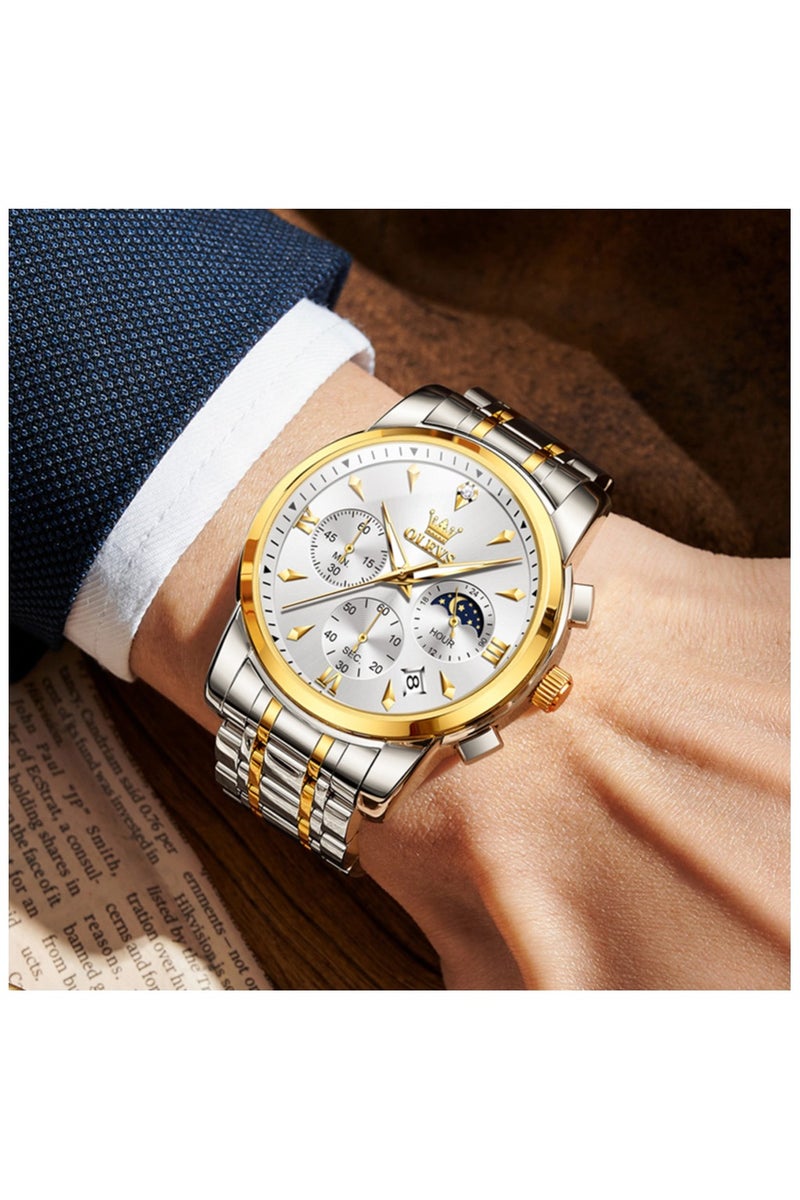 أوليفز ساعات OLEVS للرجال، ساعة أنيقة من الفولاذ المقاوم للصدأ، كوارتز، كرونوغراف، مقاومة للماء، مضيئة، 3639 - Image 2