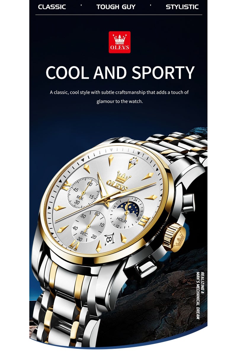 أوليفز ساعات OLEVS للرجال، ساعة أنيقة من الفولاذ المقاوم للصدأ، كوارتز، كرونوغراف، مقاومة للماء، مضيئة، 3639 - Image 3