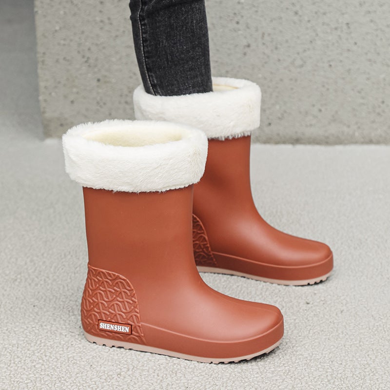 Korean Fashion Waterproof Non-Slip Rain Boots Brown [plus cotton]] 