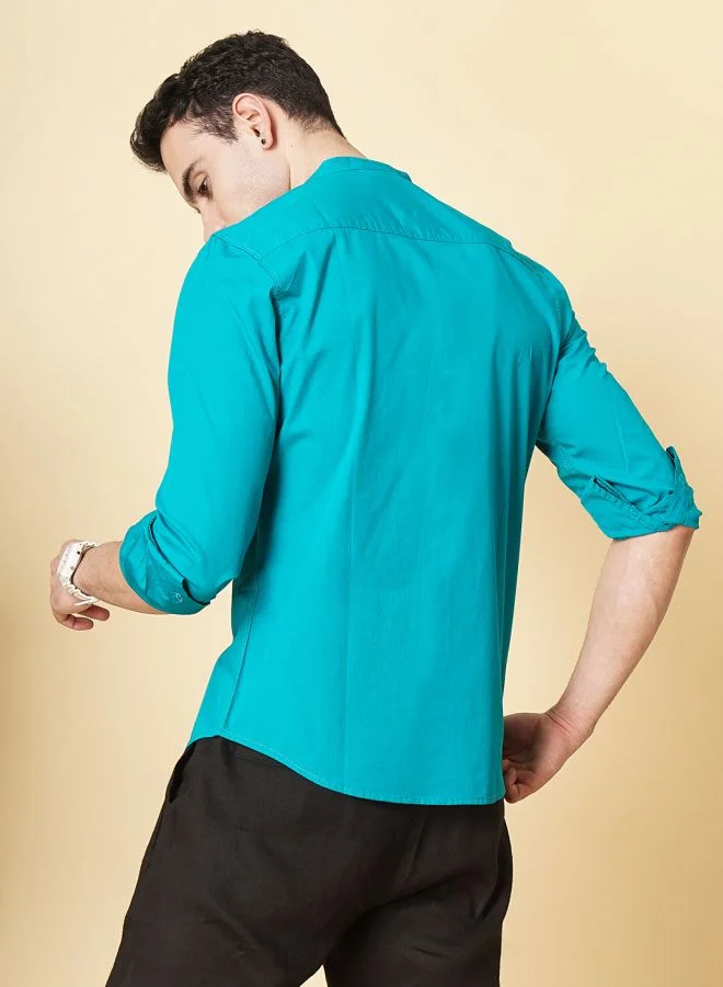 The Indian Garage Co Men Regular Fit Solid Full Sleeves Mandarin Collar Casual Shirt