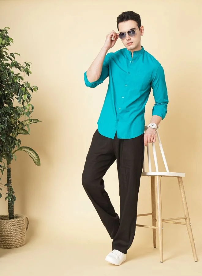 The Indian Garage Co Men Regular Fit Solid Full Sleeves Mandarin Collar Casual Shirt