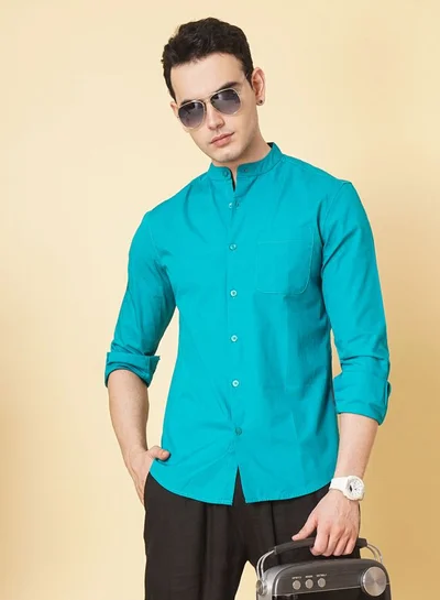 شركة المرآب الهندية Men Regular Fit Solid Full Sleeves Mandarin Collar Casual Shirt