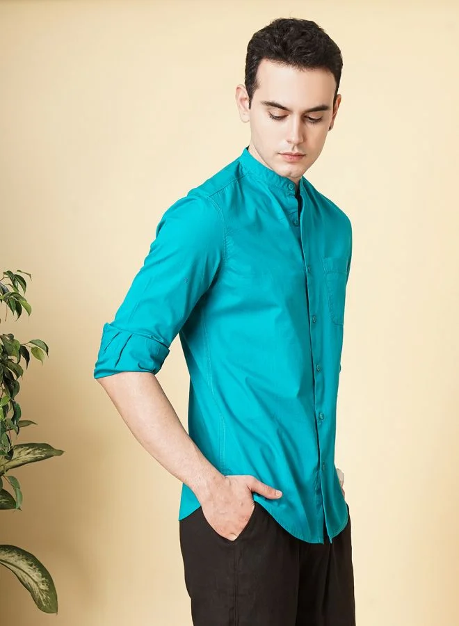 The Indian Garage Co Men Regular Fit Solid Full Sleeves Mandarin Collar Casual Shirt