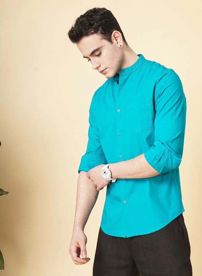 The Indian Garage Co Men Regular Fit Solid Full Sleeves Mandarin Collar Casual Shirt