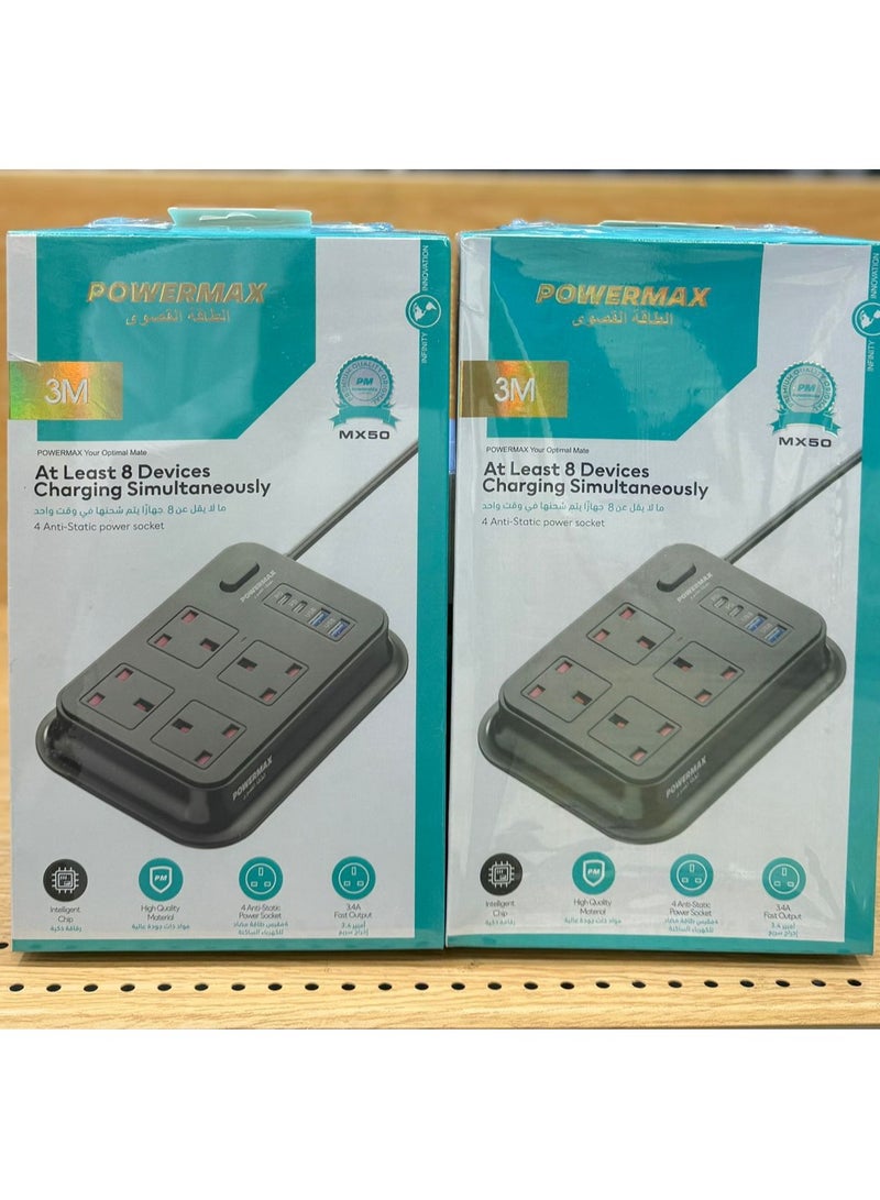 PowerMax Power Strip, Multifunctional Power Socket, Black 4-Port, 2 USB Ports, 2 USB-C Ports with Ultra-Fast PD Technology, Multi-Port Socket Suitable for All Devices, Extra Long 3 Meters MX50 - Image 2