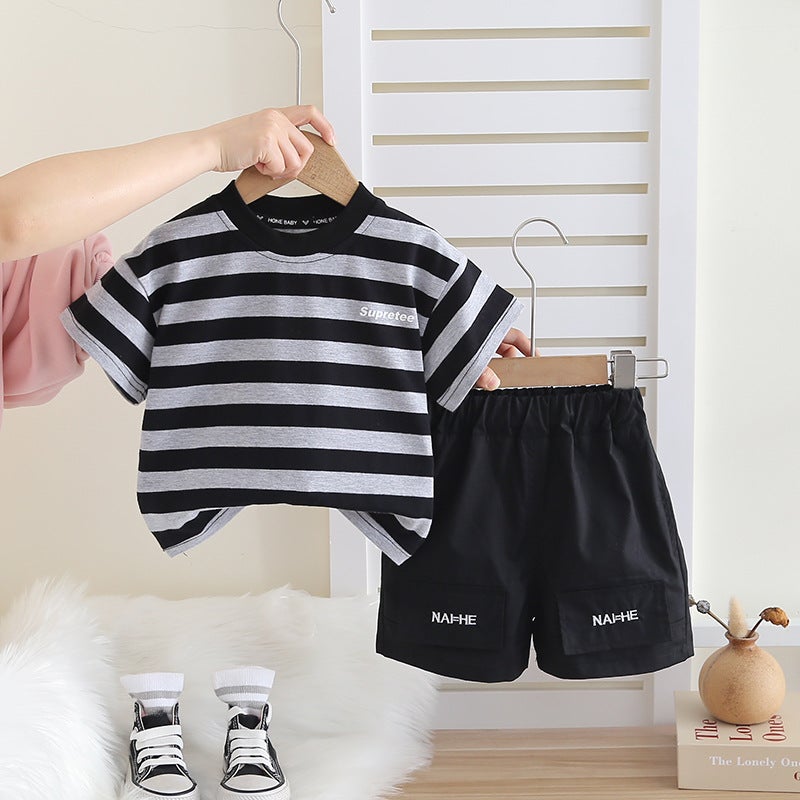 Boys Summer Clothes Small And Medium-Sized Children'S Summer Stripesd Short-Sleeved Shorts Two-Piece Set Baby Casual Round Neck Children'S Clothing - Image 5