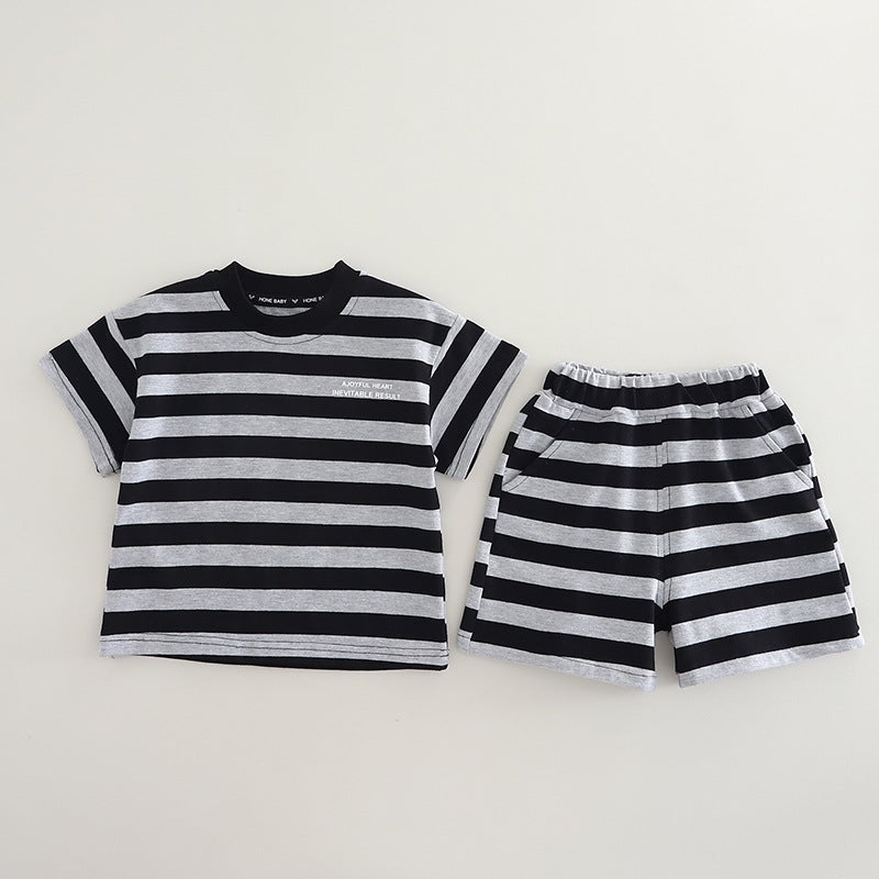Boys Summer Clothes Small And Medium-Sized Children'S Summer Stripesd Short-Sleeved Shorts Two-Piece Set Baby Casual Round Neck Children'S Clothing - Image 4