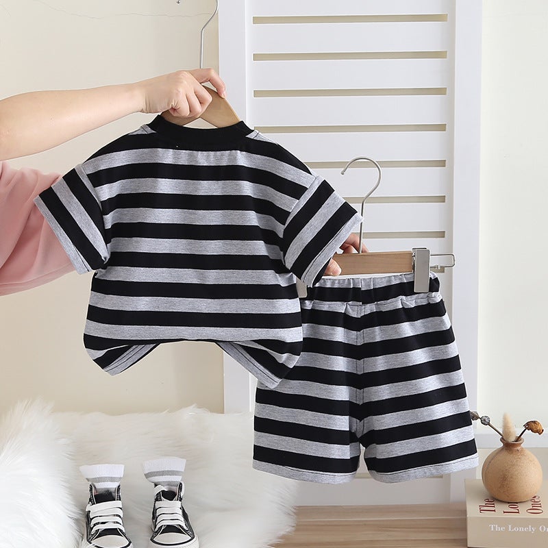 Boys Summer Clothes Small And Medium-Sized Children'S Summer Stripesd Short-Sleeved Shorts Two-Piece Set Baby Casual Round Neck Children'S Clothing - Image 3