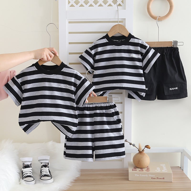 Boys Summer Clothes Small And Medium-Sized Children'S Summer Stripesd Short-Sleeved Shorts Two-Piece Set Baby Casual Round Neck Children'S Clothing - Image 2