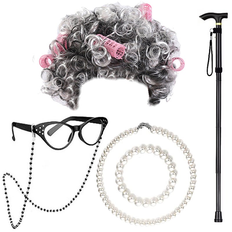 Generic Halloween Granny Wig Cosplay Kids Elderly Costume SetBlack and white curly hair powder six-piece set Black and white curly hair powder six-piece set