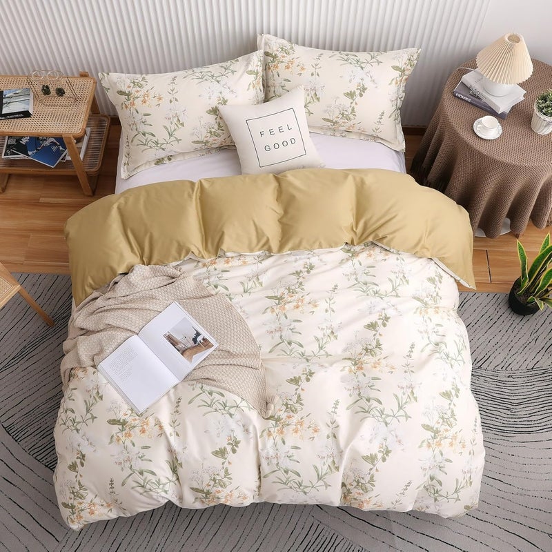OAITE Duvet Cover Set Twin Size Floral Pattern 600 Thread Count Ultra Soft 100% Long Staple Cotton Duvet Cover Sets 3-PC, Breathable Duvet Cover with Zipper Closure & Corner Ties - Image 3