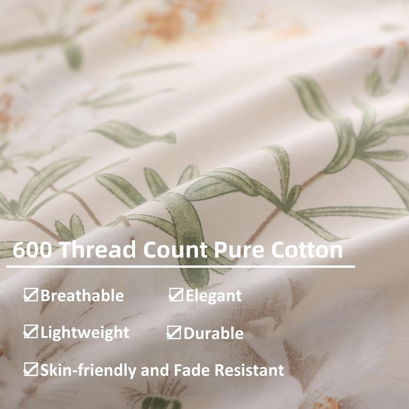 OAITE Duvet Cover Set Twin Size Floral Pattern 600 Thread Count Ultra Soft 100% Long Staple Cotton Duvet Cover Sets 3-PC, Breathable Duvet Cover with Zipper Closure & Corner Ties - Image 4