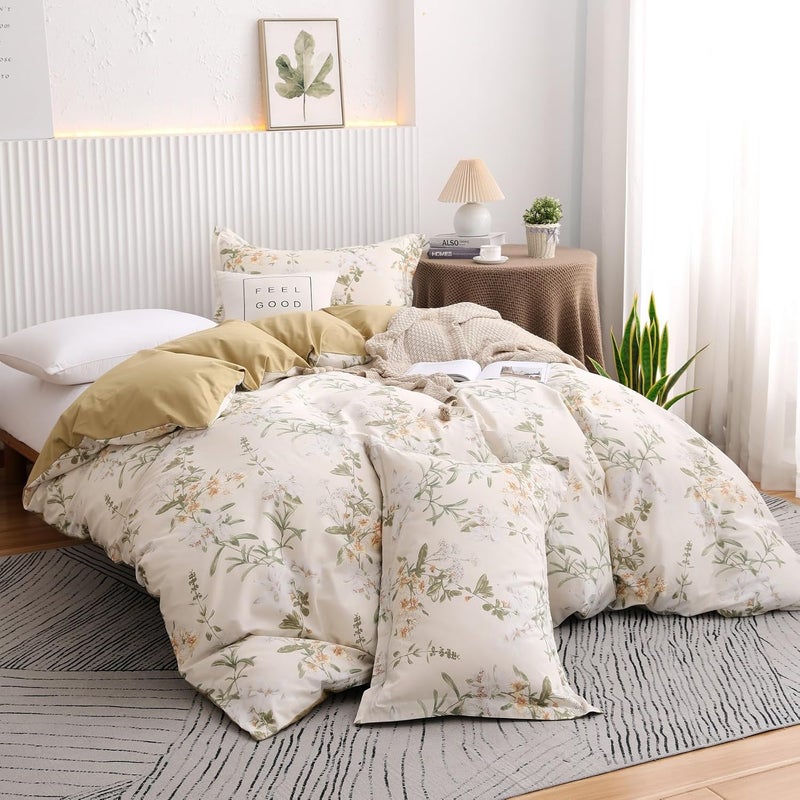 OAITE Duvet Cover Set Twin Size Floral Pattern 600 Thread Count Ultra Soft 100% Long Staple Cotton Duvet Cover Sets 3-PC, Breathable Duvet Cover with Zipper Closure & Corner Ties - Image 2