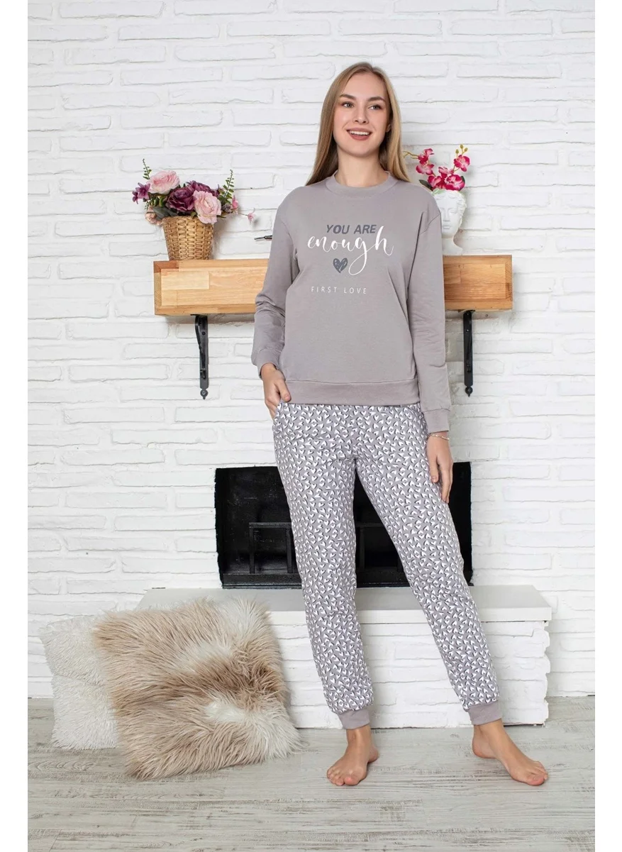 Bie'S Women's Crew Neck Wrist Cuff/Elastic 2 Yarn Pocket Winter Jogger Tracksuit Pajama Set Homewear