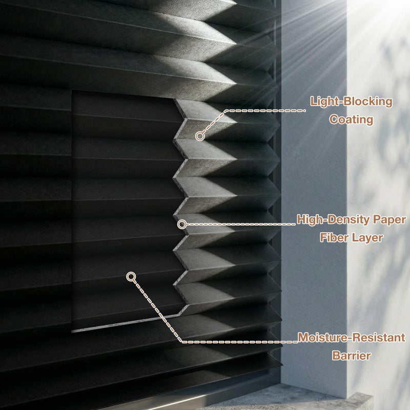 Zipcase 6 Pack Window Blackout Shades, 100% Shading Cordless Light Filtering Pleated Paper Shades, 36 in x 72 in(Fits Windows 19â€- 36â€), Black - Image 3