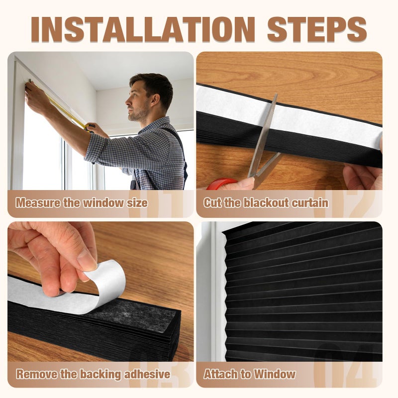 Zipcase 6 Pack Window Blackout Shades, 100% Shading Cordless Light Filtering Pleated Paper Shades, 36 in x 72 in(Fits Windows 19â€- 36â€), Black - Image 4