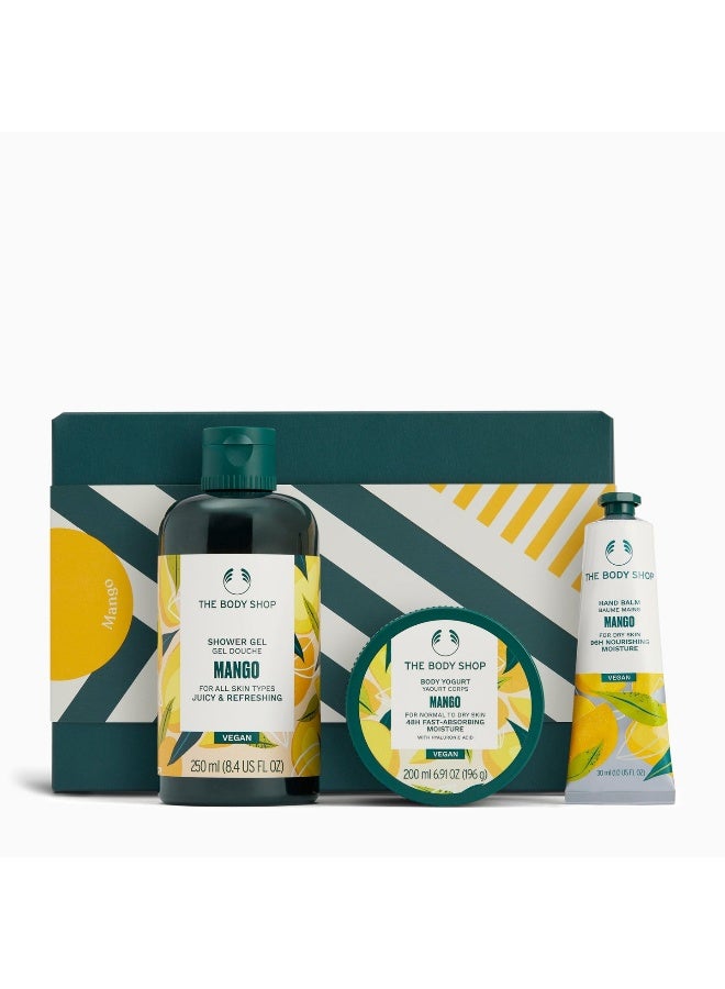 THE BODY SHOP مجموعة هدايا مانجو الأساسية – جل استحمام (250 مل) ولبن جسم (200 مل) وبلسم يدين (30 مل) – تركيبة زيت بذور مانجو العصير، مجموعة عناية بالجسم نباتية لبشرة ناعمة ورطبة