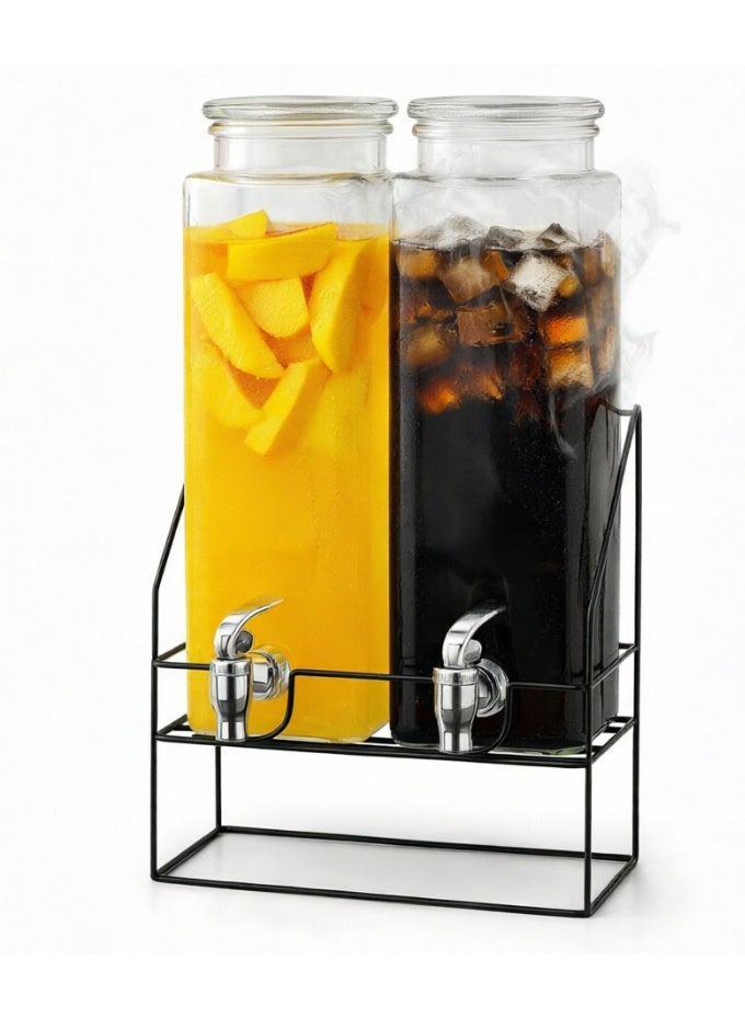 Double Juice Dispenser 2.2L + 2.2 L (4.4 Litres Total) with Metal Stand & Tap , 4.4 L Twin Glass Beverage Dispenser with Leak-Proof Tap For Lemonade, Juice, Cold Infused Water. Detox Drinks - Image 1