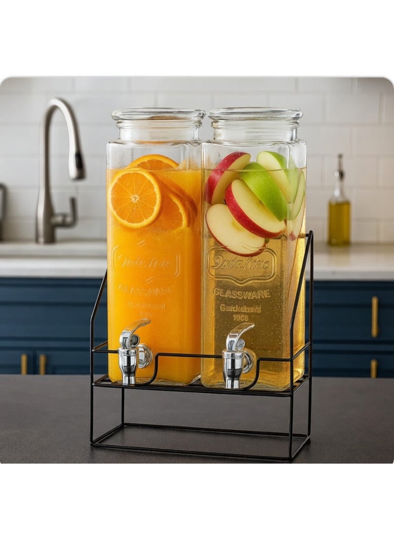 Double Juice Dispenser 2.2L + 2.2 L (4.4 Litres Total) with Metal Stand & Tap , 4.4 L Twin Glass Beverage Dispenser with Leak-Proof Tap For Lemonade, Juice, Cold Infused Water. Detox Drinks - Image 2