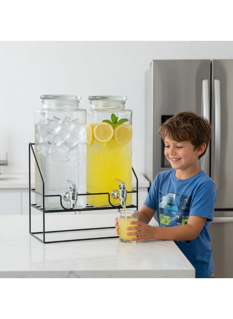 Double Juice Dispenser 2.2L + 2.2 L (4.4 Litres Total) with Metal Stand & Tap , 4.4 L Twin Glass Beverage Dispenser with Leak-Proof Tap For Lemonade, Juice, Cold Infused Water. Detox Drinks - Image 4
