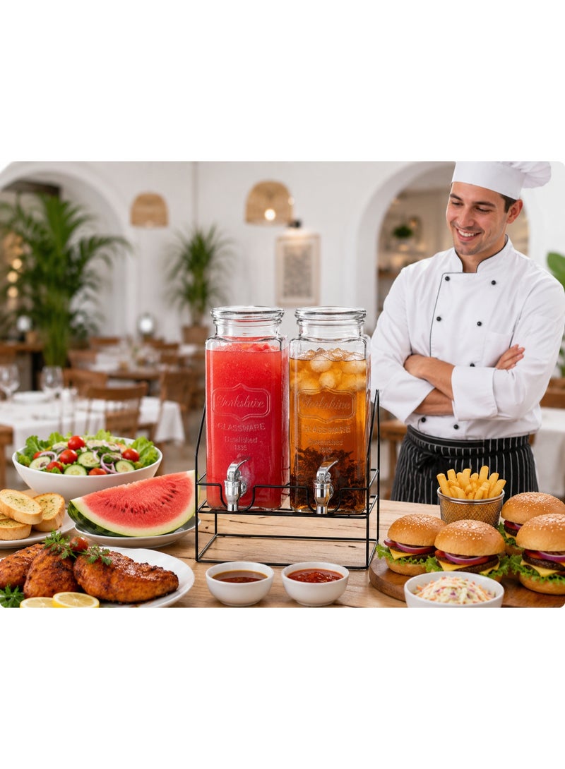 Double Juice Dispenser 2.2L + 2.2 L (4.4 Litres Total) with Metal Stand & Tap , 4.4 L Twin Glass Beverage Dispenser with Leak-Proof Tap For Lemonade, Juice, Cold Infused Water. Detox Drinks - Image 5