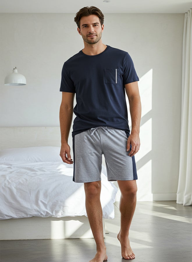 trendyol Navy Blue Regular Fit Knitted Panel Shorts Pajamas Set - Image 1