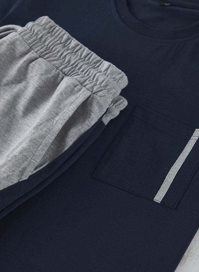 trendyol Navy Blue Regular Fit Knitted Panel Shorts Pajamas Set - Image 3