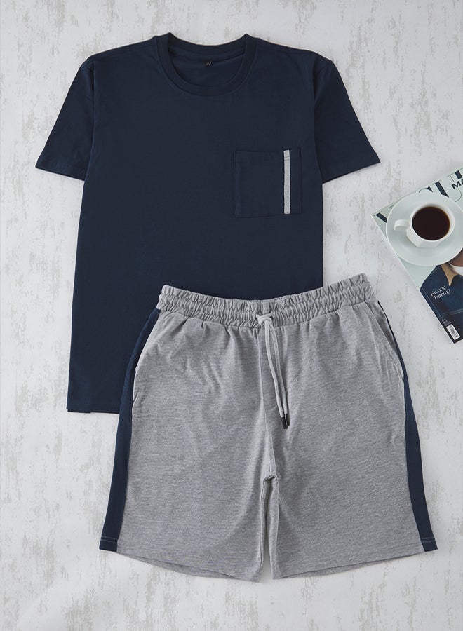 trendyol Navy Blue Regular Fit Knitted Panel Shorts Pajamas Set - Image 2