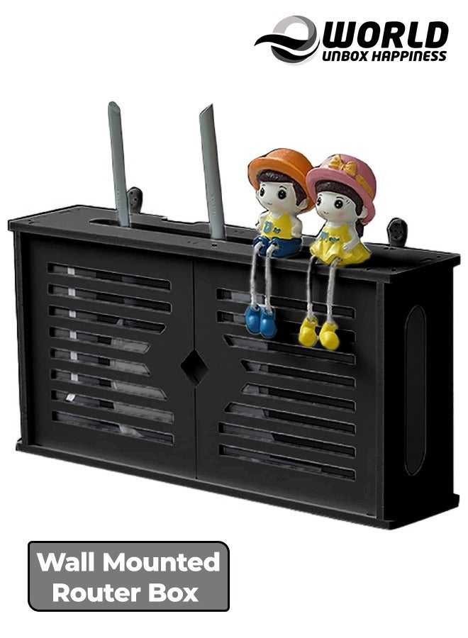 إي وورلد رف حامل راوتر أنيق مثبت على الحائط لجهاز الواي فاي، جهاز استقبال القنوات، صندوق القطط الخفيف والمزيد، يشمل أبوابًا وصندوق تغطية للوحة التصحيح لتخزين مرتب، باللون الأسود. - Image 1