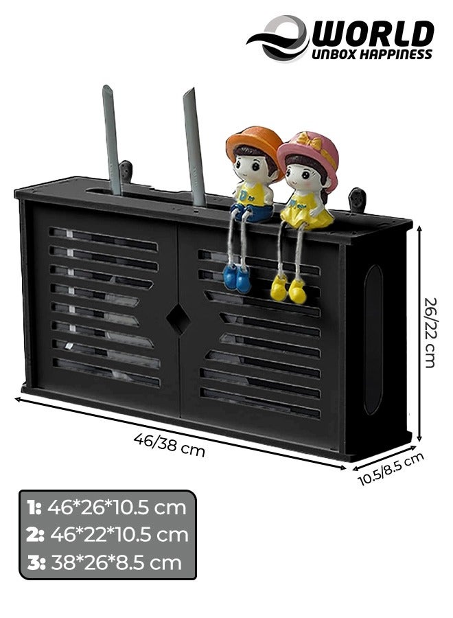 إي وورلد رف حامل راوتر أنيق مثبت على الحائط لجهاز الواي فاي، جهاز استقبال القنوات، صندوق القطط الخفيف والمزيد، يشمل أبوابًا وصندوق تغطية للوحة التصحيح لتخزين مرتب، باللون الأسود. - Image 2