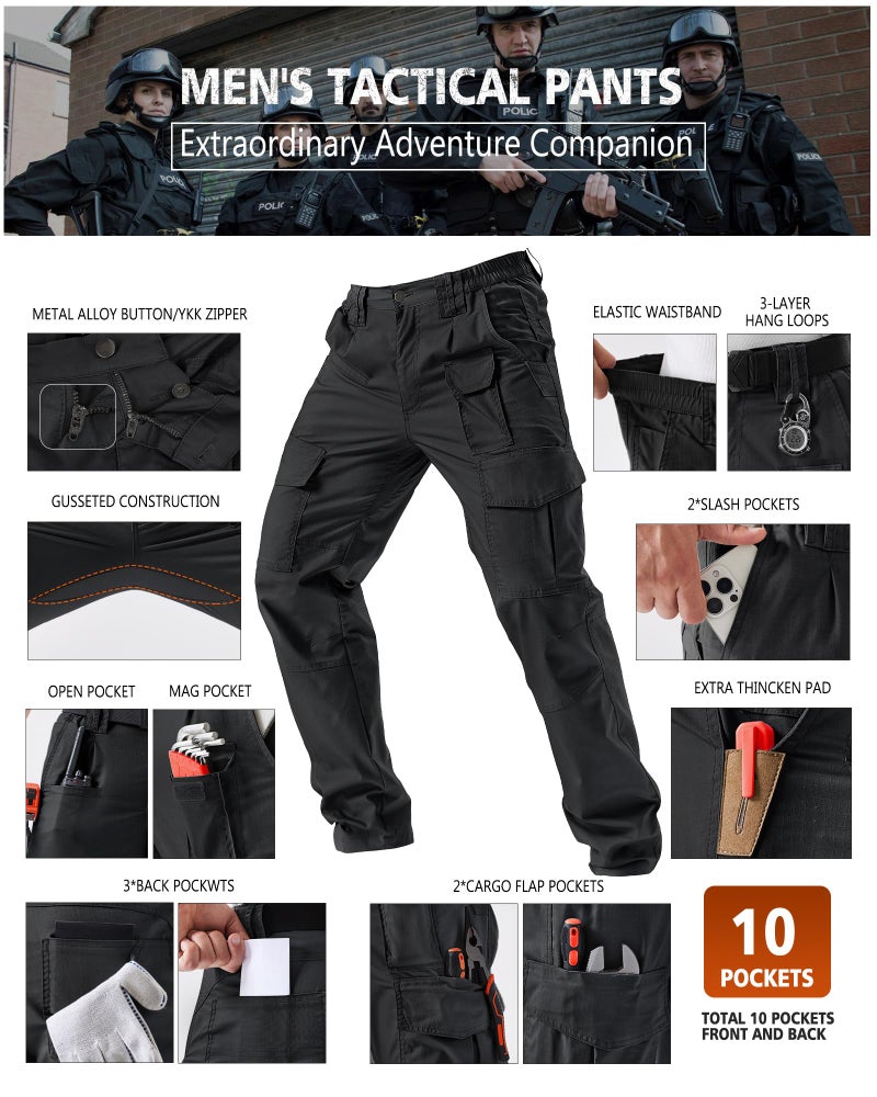 IGOLUMON Men's Stretch Tactical Pants, Ripstop Cargo Pants Outdoor Lightweight EDC Hiking Work Pants with 10 Pockets, Black - Image 3