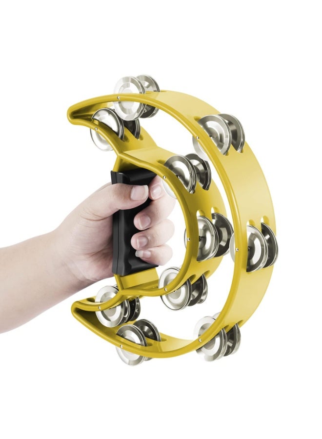 Pro Half Moon Plus Tambourine Handheld Bell Shaker Handbell Rattle Rhythm Hand Percussion Instrument with Double Row of 20x Steel Jingle Pair & Ergonomic Grip for Band Party Concert School Church - Image 2
