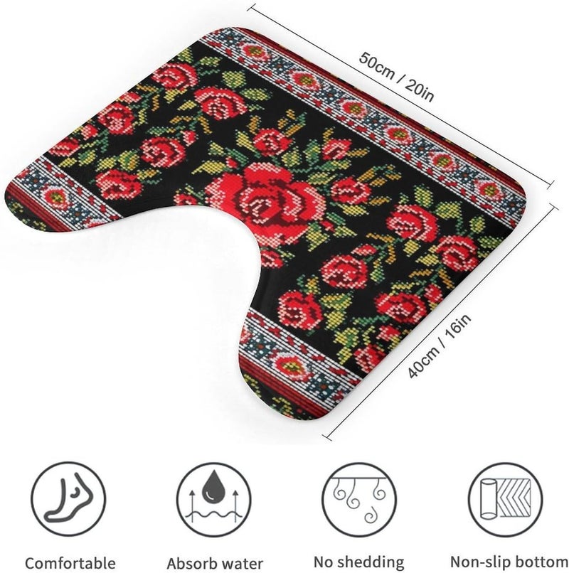 U-Shaped Bathroom Rug 20"x16" - Ukrainian Embroidery Style Rose Soft Coral Fleece Toilet Mat - Super Absorbent & Non-Slip Contour Bath Mat - Washable Toilet Base Rug for Bathroom - Image 3