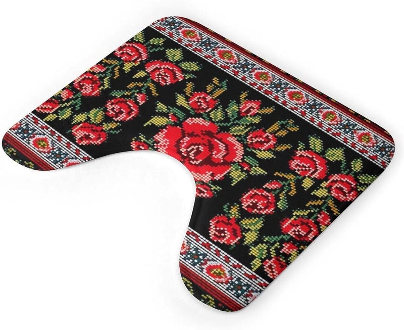 U-Shaped Bathroom Rug 20"x16" - Ukrainian Embroidery Style Rose Soft Coral Fleece Toilet Mat - Super Absorbent & Non-Slip Contour Bath Mat - Washable Toilet Base Rug for Bathroom - Image 5