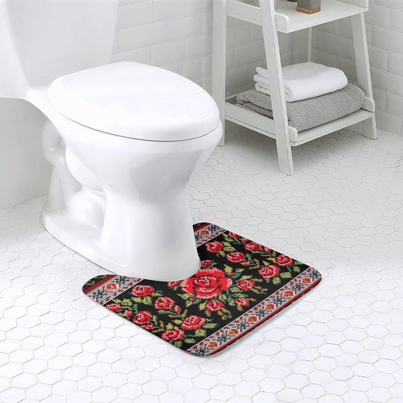 U-Shaped Bathroom Rug 20"x16" - Ukrainian Embroidery Style Rose Soft Coral Fleece Toilet Mat - Super Absorbent & Non-Slip Contour Bath Mat - Washable Toilet Base Rug for Bathroom - Image 2
