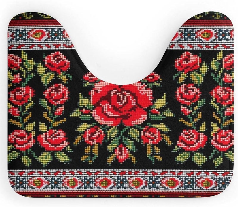 U-Shaped Bathroom Rug 20"x16" - Ukrainian Embroidery Style Rose Soft Coral Fleece Toilet Mat - Super Absorbent & Non-Slip Contour Bath Mat - Washable Toilet Base Rug for Bathroom - Image 1