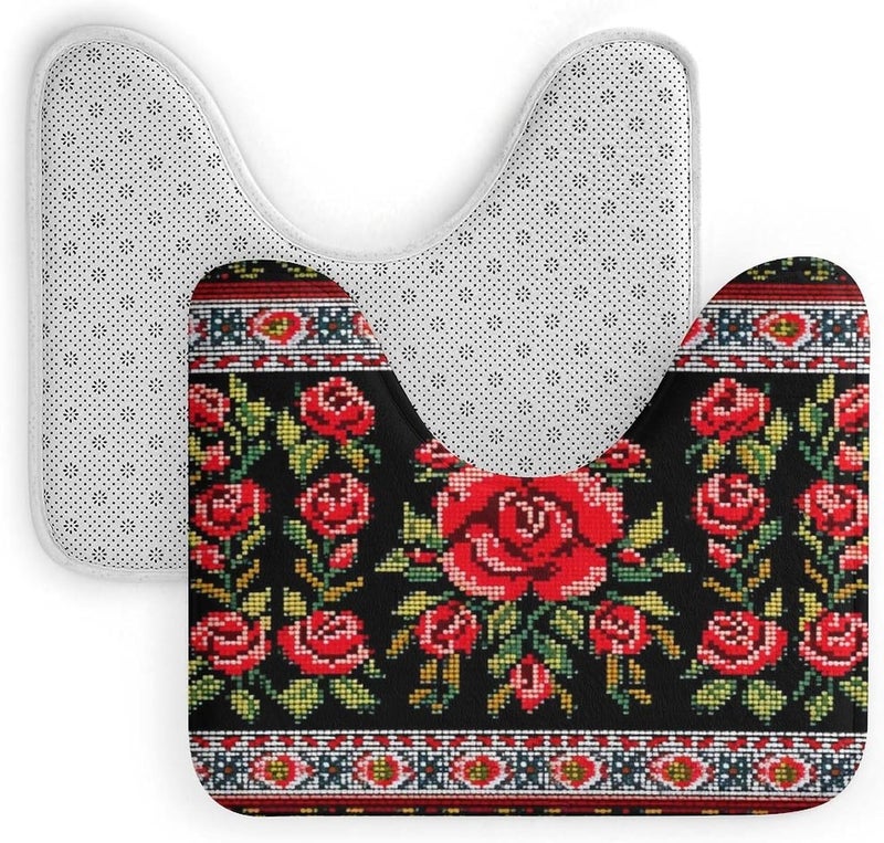 U-Shaped Bathroom Rug 20"x16" - Ukrainian Embroidery Style Rose Soft Coral Fleece Toilet Mat - Super Absorbent & Non-Slip Contour Bath Mat - Washable Toilet Base Rug for Bathroom - Image 4