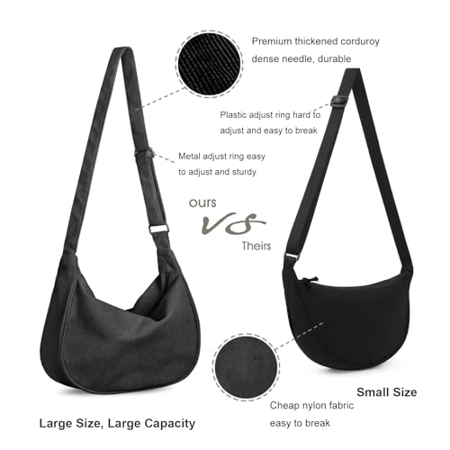 FITDON Corduroy Crescent Crossbody Bag for Women Men, Small Sling Hobos Dumpling Bag Crescent Purse with Adjustable Strap, Black - Image 5