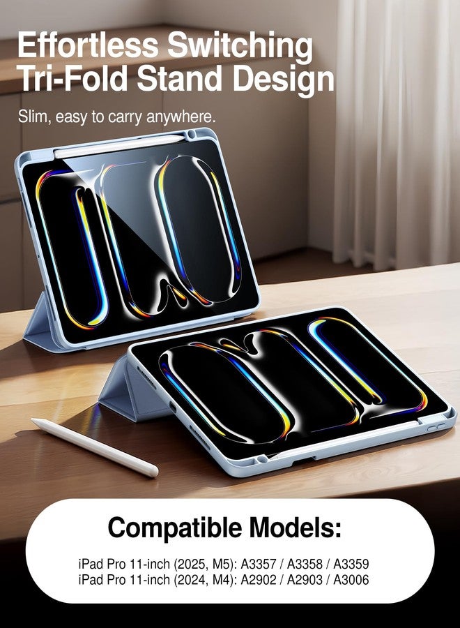 Smartdevil Case for iPad Pro 11-inch 2024 (M4, 7th Gen) with Pencil Holder, Slim Trifold Stand Cover with Clear Hard Back, Anti-Bend Protection, Auto Wake/Sleep, Supports Touch ID - Sky Blue - Image 2