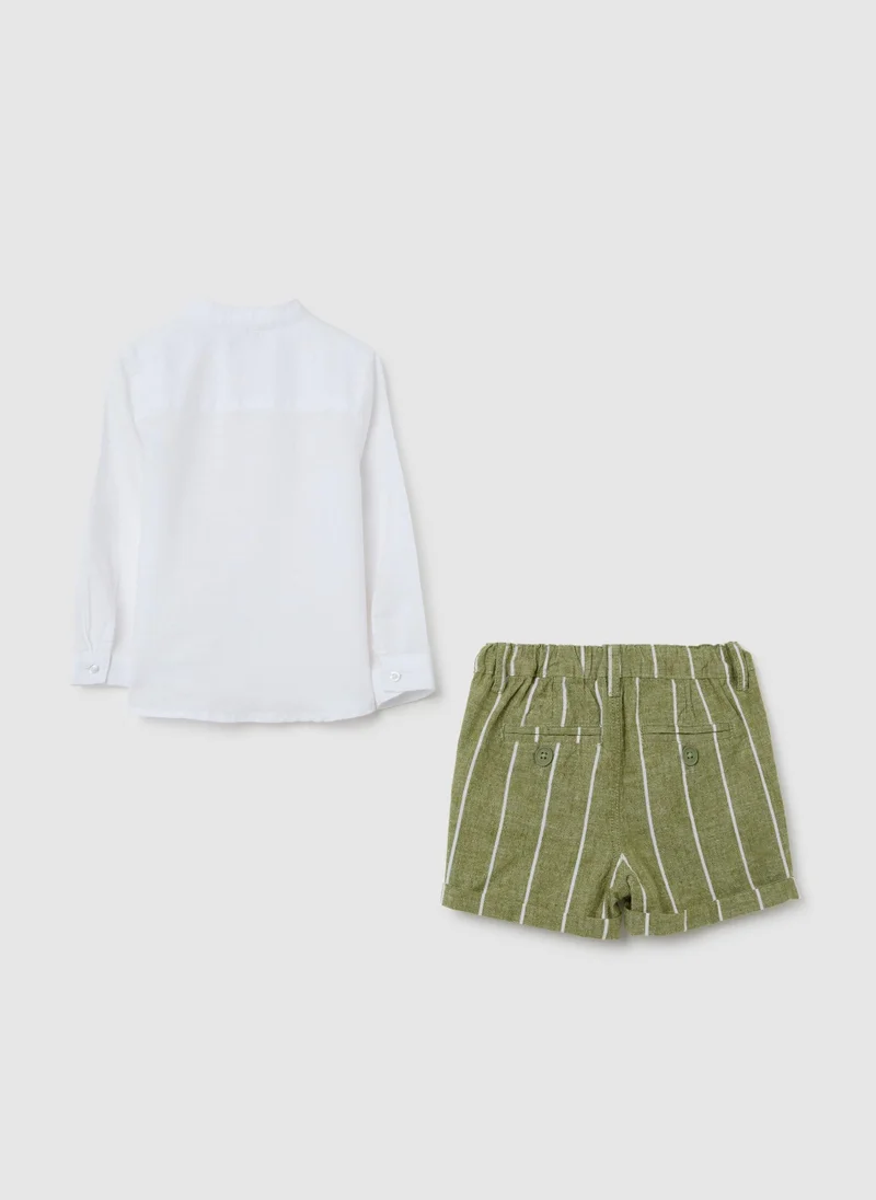 او في اس Ovs Children'S Set In White And Green Regular Fit Linen And Cotton Blend With Striped Shorts