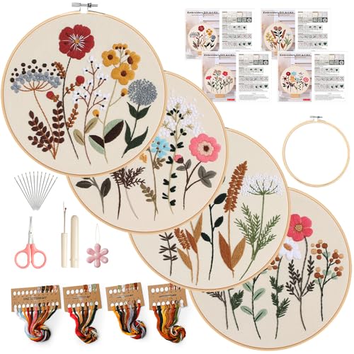 wtisan Embroidery Kit, 4 Sets Embroidery Kit for Beginners with Stamped Flower Pattern, Cross Stitch Starter Kits for Adults Hand Craft Lover with Embroidery Hoop, Instructions and Threads - Image 1