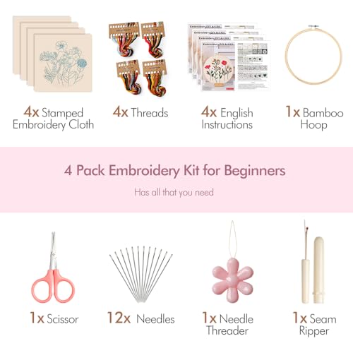 wtisan Embroidery Kit, 4 Sets Embroidery Kit for Beginners with Stamped Flower Pattern, Cross Stitch Starter Kits for Adults Hand Craft Lover with Embroidery Hoop, Instructions and Threads - Image 4
