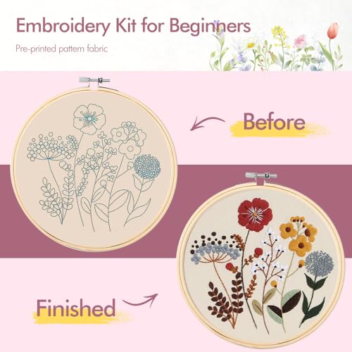 wtisan Embroidery Kit, 4 Sets Embroidery Kit for Beginners with Stamped Flower Pattern, Cross Stitch Starter Kits for Adults Hand Craft Lover with Embroidery Hoop, Instructions and Threads - Image 3