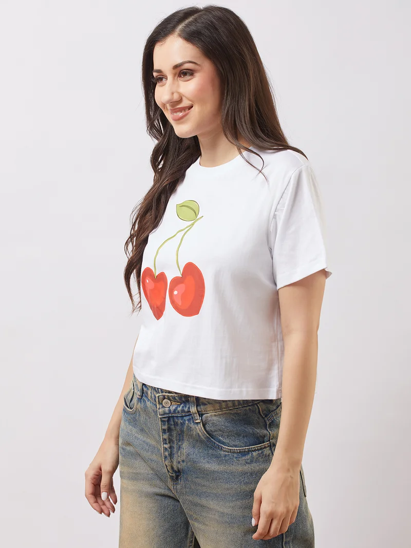 globus Women White Round Neck Short Sleeves Cherry Print Oversized T-Shirt