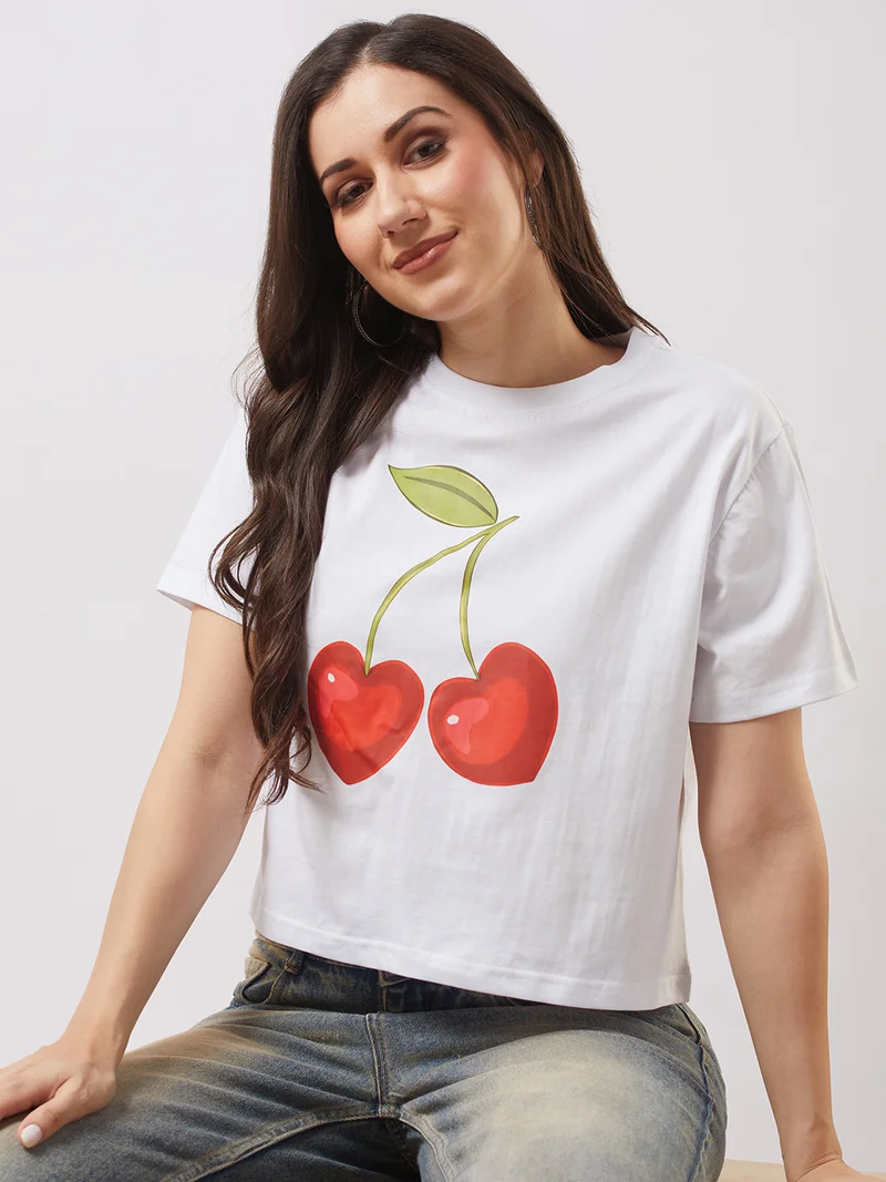 globus Women White Round Neck Short Sleeves Cherry Print Oversized T-Shirt